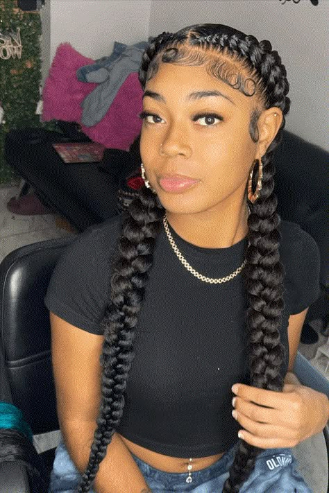 twobraid styles, hairstyles, braids Two Braids With Curls In The Back, 2 Braids With Weave Side Part, Middle Braid Hairstyles, Two Big Braids With Weave, Two Feed In Braids With Curls, Side Part 2 Braids, 2 French Braids Black Women, Two French Braids For Black Women, Two Feed In Braids With Weave