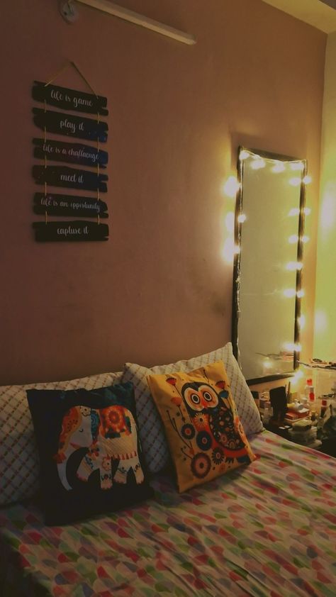 So I cleaned the room and decorted it with my sister so yeah I HAD to click a beautiful picture and post it here😭 South Asian Room Decor, Ideas Room Decor, Aesthetic Room Ideas, Girl Room Decor, Dream Vision Board, Ideas Room, Desi Aesthetic, Aesthetic Decor, Desi Girl