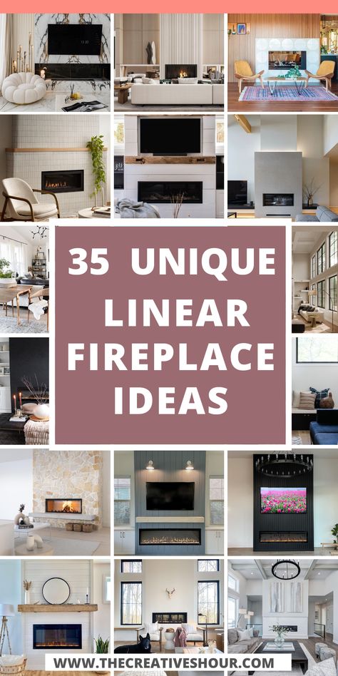 Elevate your space with a range of linear fireplace ideas that exude sleek sophistication. Whether it's adorned with stone, tile, shiplap, or brick, each design adds a contemporary touch to your surroundings. Incorporate functionality and entertainment by seamlessly integrating a TV setup. For added charm, enhance your linear fireplace with a mantle, wood slat detailing, or the timeless allure of marble. Tv Wall With Mantel, Feature Electric Fireplace Wall, Rectangular Gas Fireplace With Tv Above, Slim Fireplace Tv Wall, Tv Above Linear Fireplace, Modern Rock Fireplace Ideas, Linear Fireplace With Shiplap, Modern Long Electric Fireplace, Long Wall Fireplace Ideas