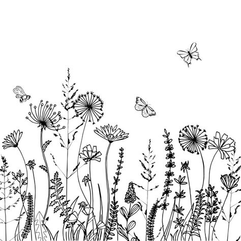 Black silhouettes of grass, spikes and herbs isolated on white background. Hand drawn sketch flowers and bees. Coloring book page design, elements for home decor and textile. Grass And Flowers Tattoo, Black And White Wildflowers, Flower Grass Drawing, Flower Field Sketch Pencil, Black And White Wildflower Drawing, Wildflower Garden Drawing, Wild Flowers Sketch, Bundle Of Flowers Drawing, Row Of Flowers Drawing