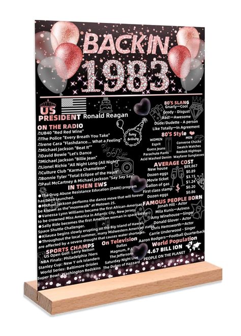 PRICES MAY VARY. 【40TH BIRTHDAY DECORATIONS FOR WOMEN】: You will receive a rose gold 1983 vintage sign for 40th birthday table decorations.including a 1983 acrylic birthday poster and Wooden stand. back in 1983 40th birthday themed sign stand is beautifully designed with the history of what happened in 1983 as the Texts, with birthday themed elements, it is easy to attract people's attention and bring a different surprise and wonderful visual enjoyment.Makes a great 40th birthday gift for women. Gold 40th Birthday Decorations, Rose Gold 40th Birthday, 1983 Birthday, Tony Orlando And Dawn, Back In 1983, Acrylic Table Sign, Gilbert O'sullivan, Birthday Decorations For Women, 60th Birthday Decorations