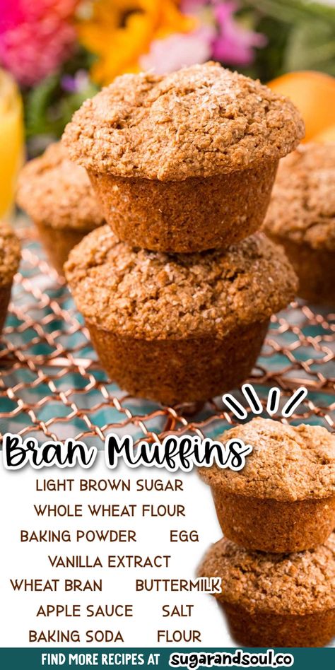 These Bran Muffins combine buttermilk, wheat bran, and apple sauce with easy pantry ingredients to create incredibly tender, moist muffins! Ready to enjoy in only 35 minutes! via @sugarandsoulco Bran Muffins With Wheat Bran, Recipes With Wheat Bran, Bran Muffins With Applesauce, Moist Bran Muffins Recipes, Buttermilk Bran Muffins Recipe, Bran Muffins With Buttermilk, Wheat Bran Recipes, Whole Wheat Bran Muffins, Honey Bran Muffin Recipe