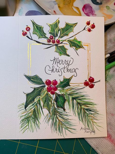 Watercolor Christmas Cards Diy, Xmas Drawing, Painted Christmas Cards, Christmas Card Inspiration, Christmas Card Art, Homemade Christmas Cards, Watercolor Christmas Cards, Christmas Card Crafts, Holly Leaves