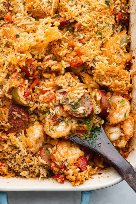 Shrimp And Rice Casserole, Cajun Shrimp And Rice, Shrimp Casserole Recipes, Chicken Tetrazzini Casserole, Seafood Casserole Recipes, Shrimp Casserole, Sausage And Rice, Sausage Shrimp, Cajun Seafood