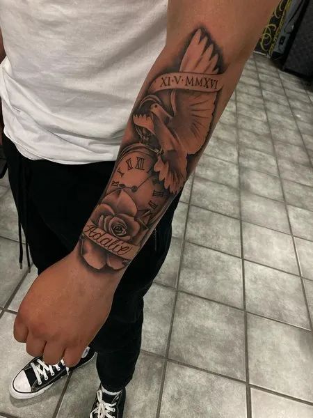 Forearm Dove Tattoo Rip Arm Tattoo Men, Men Dove Tattoo, Dove Sleeve Tattoo For Men, Angle Tattoo For Men Forearm, Rip Grandma Tattoo For Men Forearm, Rip Tattoos For Women Forearm, Forearm Memorial Tattoos For Men, Make Forearm Tattoo, Dove Tattoo Men Sleeve