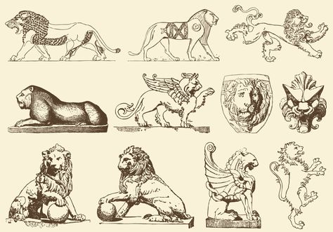 Ancient Art Lions Ancient Lion Art, Lion Pouncing Drawing, Medieval Lion Tattoo, Lions Illustration, Lion Sketches, Ancient Lion, Ancient Art Tattoo, Ancient Drawings, Tattoo Vector