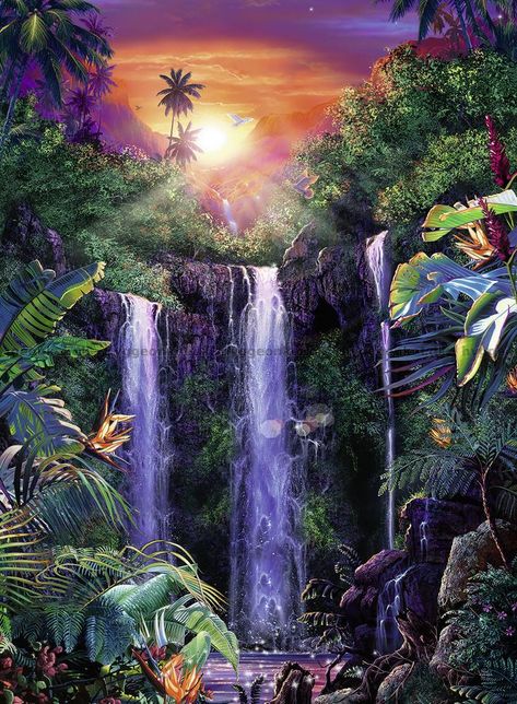 Waterfall Tattoo, Magical Waterfall, Waterfall Drawing, Jungle Tattoo, Jungle Animal Art, Scene Tattoo, Jungle Painting, Forest Waterfall, Waterfall Paintings