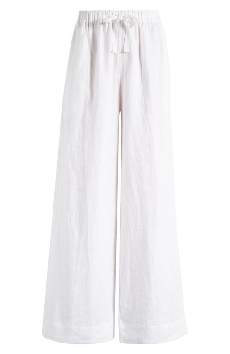 An elasticized drawstring waist comfortably tops these flowy wide-leg pants made from lightweight linen designed to get softer with each wear. Elastic/drawstring waist 100% linen Hand wash, dry flat Imported White Summer Pants, White Linen Pant, White Flowy Pants, Pants Png, Navy Linen Pants, Flowy Wide Leg Pants, White Linen Pants, Cotton Linen Pants, Mini Collection