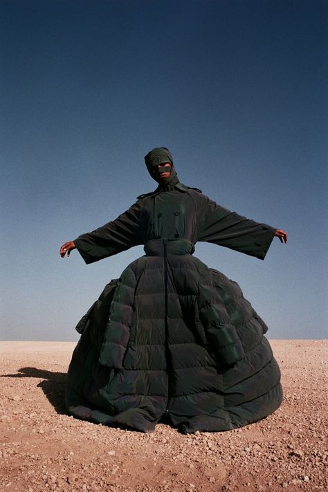 Factory Fashion Editorial, Balenciaga Editorial Fashion Photography, Puffer Fashion Editorial, Balaclava Fashion Editorial, Gorpcore Editorial, Moroccan Desert, Trend Board, Traditional Suit, Gender Fluid Fashion