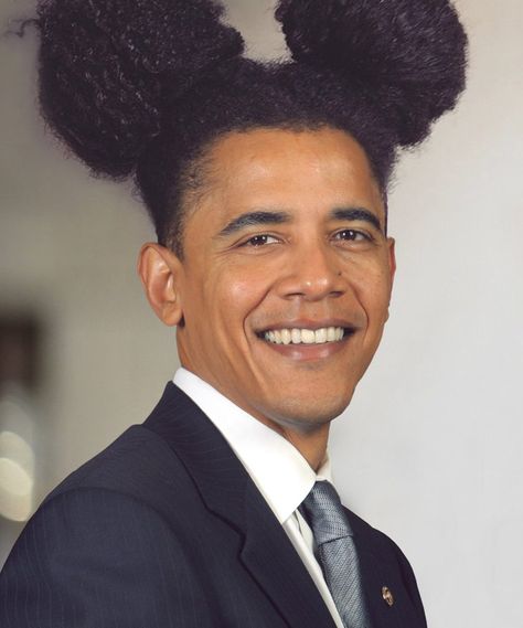 Pin for Later: You Won't Stop Laughing at Bush in Braids and Obama in Afro Puffs President Barack Obama Two Braids To Bun, Black Hair Haircuts, Obama Funny, Man Buns, Cute Bun Hairstyles, Bun With Curls, Afro Man, Afro Puffs, Hairstyles Design