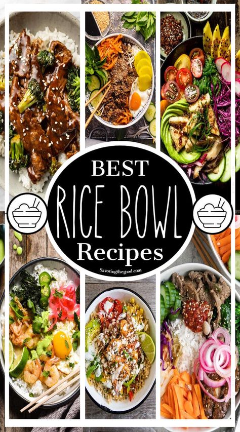 Are you looking for inspiration for some absolutely mouthwatering rice bowl recipes? If so then this is the list for you! With a wide variety of options from Korean bibimbap and Japanese sushi style to Mexican themed and even flavorful Indian cuisine.  These rice bowl recipes are easy and have delicious toppings. Choose from chicken rice bowls, vegan rice bowls and other healthy bowl recipes. Good Bowl Recipes, Recipes For Rice Bowls, Chinese Bowls Recipes, Asian Beef Rice Bowl, Crockpot Bowl Recipes, Healthy Asian Bowl Recipes, Bbq Rice Bowl, High Protein Asian Bowl, Box Rice Recipes