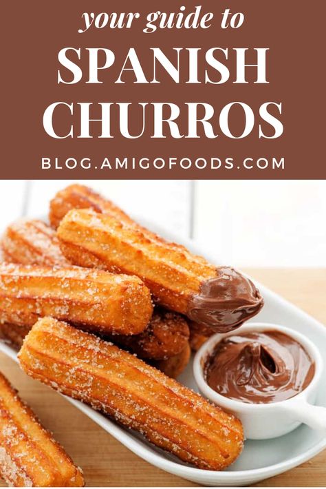 Spanish Churros are a traditional dessert from Spain. Churros are simply fried dough, very similar to the American version of a doughnut. Spain Churros Recipe, Foods From Spain Traditional, Spanish Deserts Easy, Tapas Dessert Ideas, Spanish Desserts Traditional, Chorro Recipes, Spanish Recipes Easy, Spain Dessert, Spanish Pastries