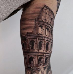 Greek Building Tattoo Design, Colosseum Tattoo Sleeve, Greek Colosseum Tattoo, Rome Warrior Tattoo, Greek Mythology Buildings Tattoo, Roman History Tattoo, Roman Colloseum Tattoo, Greek Colloseum Tattoo, Roman Theme Tattoo