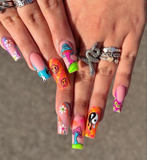 Coffin Festival Nails, Nail Designs Festival, Acrylic Nail Designs Festival, Crazy Long Acrylic Nails, Nails Acrylic Festival, Rave Festival Nails, Nail Art Funky Designs, Nail Art Long Nails Coffin, Rave Inspired Nails