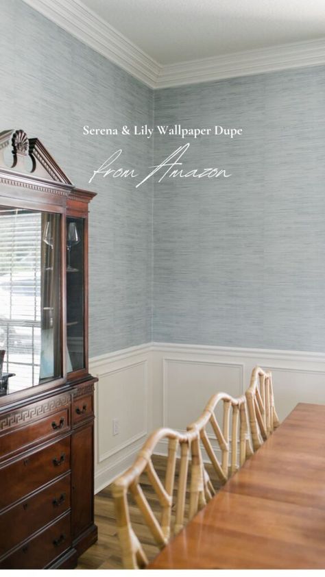 Serena & Lily Wallpaper Dupes: Elevate your space - Popular Dining Room Wallpaper, Grasscloth Bedroom Wallpaper, Grass Cloth Wallpaper Laundry Room, Wallpaper Entryway Foyers Coastal, Wallpaper Rooms Ideas, Serena And Lily Wallpaper Dining Room, Wallpaper With Wainscoting Bedroom, Wallpaper Backgrounds Dining Room, Textured Blue Wallpaper