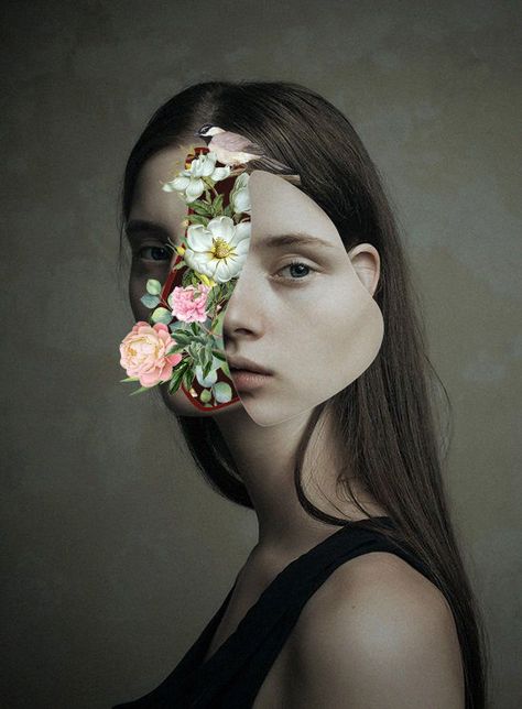 Surrealistic Art Girl with flowers Flower Photography Portrait, Flower Final Piece Art, Surrealist Self Portrait, Creative Self Portraits Art, Surrealist Portrait Photography, Flowers As People, Flowers Covering Face, Flowers Growing Out Of Head, Flowers Coming Out Of Head