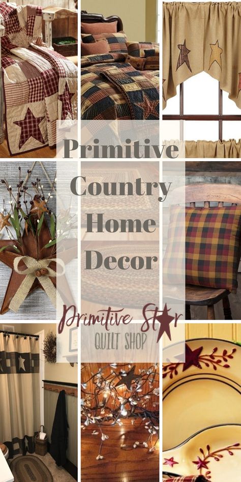 Primitive Country Decor, Lighted Garland, Primitive Curtains, Primitive Bedroom, Primitive Country Homes, Primitive Living Room, Quilted Bedding, Primitive Bathrooms, Primitive Star