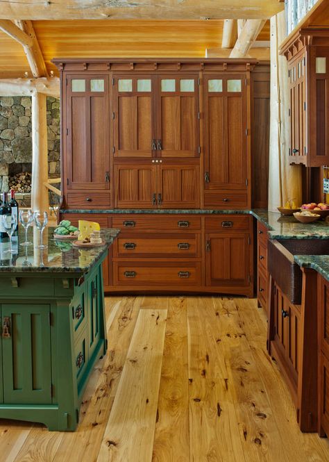 Reclaimed Cabinets, Craftsman Style Kitchens, Craftsman Kitchens, Crown Point Cabinetry, Craftsman Interiors, Green Kitchen Island, Craftsman Decor, Bungalow Kitchen, Kitchen 2020