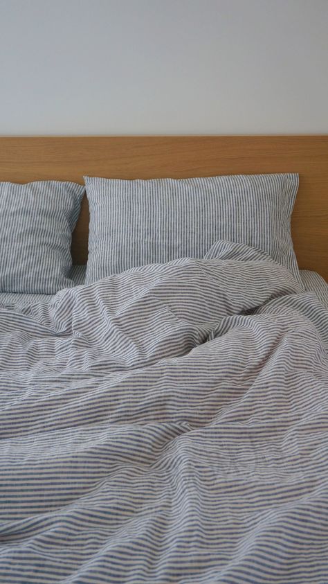 Set of 3 stone washed pure Linen,  blue striped bedding linen, bed set duvet cover + 2 pillowcases by LinenLegend on Etsy Blue Striped Bedding, 2025 Lifestyle, Bed Set Duvet, Shared House, Bedding Linen, Uni Room, Linen Bed, Striped Bedding, Dorm Room Inspiration