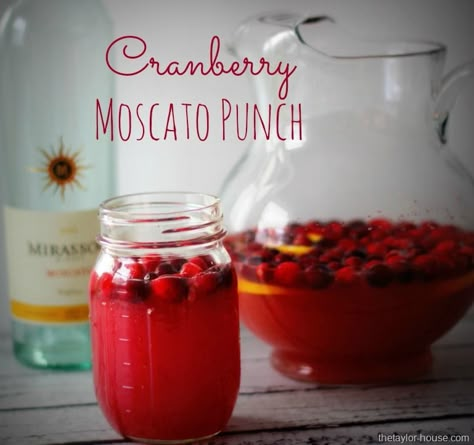 Cranberry Moscato Punch - moscato (I will use sparkling cider), cranberry juice, orange juice, lemon, fresh cranberries. Moscato Punch Recipes, Moscato Punch, Strawberry Moscato, Infused Drinks, Holiday Punch Recipe, Pitcher Drinks, Wine Spritzer, Holiday Punch, Summer Drink Recipes