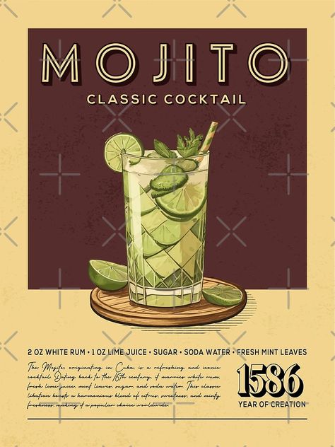 "Mojito Cocktail Vintage Recipe Poster" Poster for Sale by Vintaprints-co | Redbubble Vintage Cocktail Poster, Cocktail Magazine, Mojito Aesthetic, Mojito Poster, Recipe Graphic, Drink Prints, Drink Posters, Kitchen Conservatory, Recipe Poster