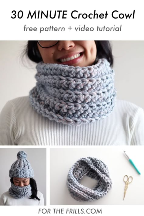 30 Minute Crochet, Snood Pattern, Chunky Yarn Crochet, Crochet Snood, Crochet Cowl Free Pattern, Cowl Crochet, Crochet Neck Warmer, Arctic Ice, Crochet Cowl Pattern