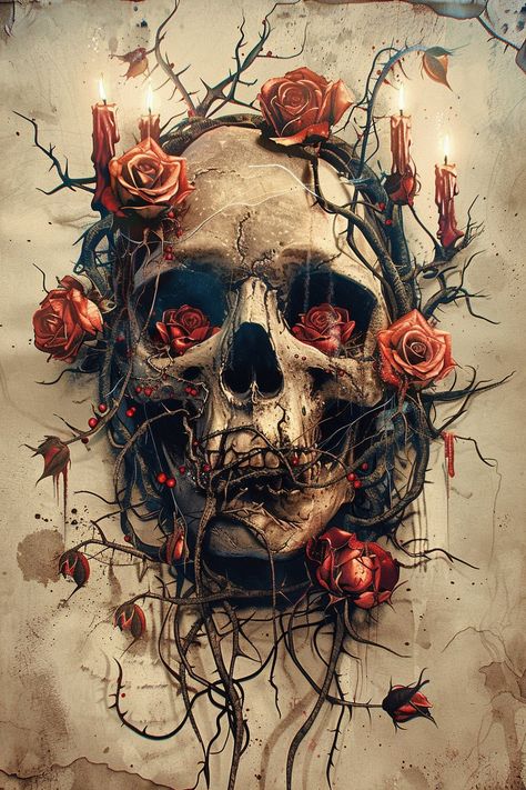 Introducing our 'Skull in Roses Decoupage Paper,' perfect for adding a touch of gothic elegance to your crafting projects. This high-quality decoupage paper features a beautifully detailed skull adorned with roses and candles, intertwined with thorny vines, set in a vintage style with hues of red, black, and beige. The design captures the mysterious beauty of gothic floral art. Decoupage, the art of layering images onto surfaces, is elevated with this exquisite skull, roses, and candles-themed t Two Skulls Tattoo, Thorny Vines, Roses And Candles, Skull Prints, Skull Aesthetic, Printed Furniture, Colorful Skull Art, Art Macabre, Gothic Stuff