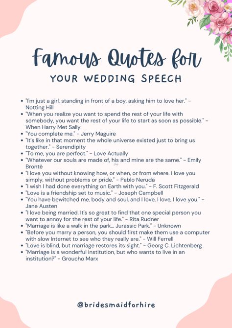 Famous Wedding Speech Quotes to Inspire Your Toast Officiant Speech, Funny Wedding Toasts, Wedding Speech Quotes, Wedding Speech Examples, Speech Quotes, Wedding Officiant Speech, Speech Quote, Bride Speech, Literary Love Quotes