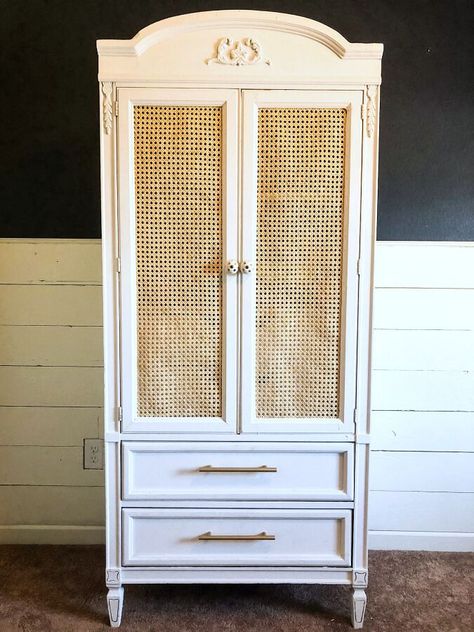 This armoire started out as a $40 FB Marketplace find...with a little tlc we transformed it into a darling DIY cane armoire makeover perfect for a little girls room. Upcycling, Flipped Armoire, Two Tone Armoire, Boho Armoire Makeover, Diy Rattan Dresser Makeover, Redo Armoire Diy Ideas, Cedar Wardrobe Makeover, Redone Armoire, Refinish Armoire