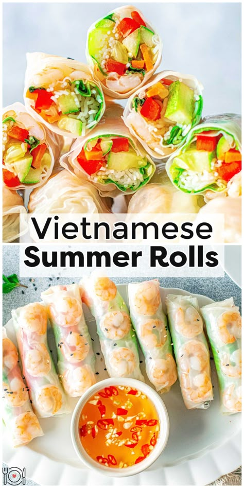 Vietnamese Summer Rolls are a fresh and healthy appetizer or light lunch that is made with shrimp, rice paper, noodles, lettuce, bell pepper, carrot, and cucumber. via @foodfolksandfun Crab Spring Rolls Rice Paper, Prawn Rice Paper Rolls, Shrimp Rice Paper Rolls, Spring Rolls Rice Paper, Chinese Rolls, Asian Spring Rolls, Fresh Spring Rolls Recipe, Rice Paper Rolls Recipes, Shrimp Summer Rolls