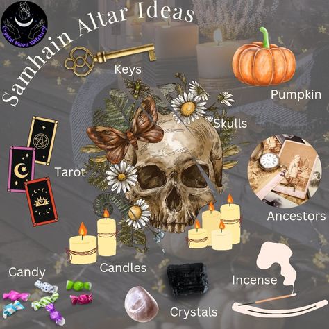 Wiccan Altar Inspiration, Samhain Altar Decorations, Diy Samhain Decorations, Mabon Altar Decorations, Halloween Altar, Samhain Ideas, Samhain Alter, Samhain Crafts Diy, Samhain Decorations Diy