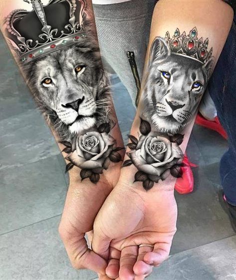 Lion And Lioness Tattoo, Crown Tattoo Men, Lion Forearm Tattoos, Him And Her Tattoos, Best Couple Tattoos, Lioness Tattoo, Cute Couple Tattoos, Lion Tattoo Sleeves, Mens Lion Tattoo