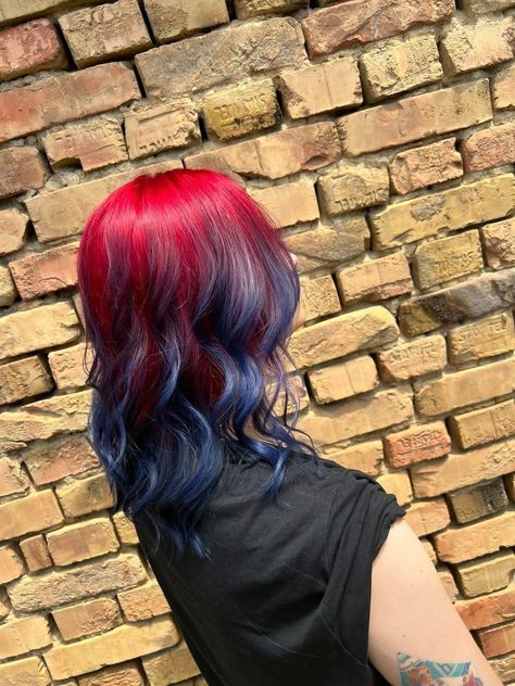 Blue And Burgundy Hair, Red Hair With Blue Underneath, Red To Blue Ombre Hair, Blue Highlights In Red Hair, Blue Hair With Red Tips, Red Hair With Blue Tips, Blue To Red Hair, Blue And Red Hair Color, Blue Underdye Hair