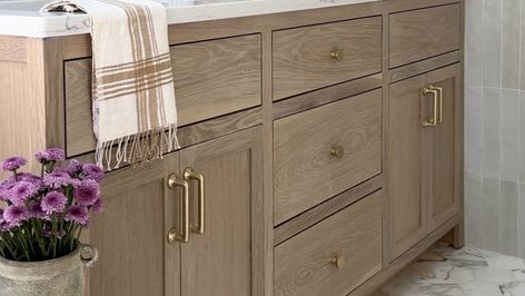 The Perfect Stain For Our White Oak Vanities  — designwithbernice Kitchen Cabinet Stain Colors, White Oak Stain, Cabinet Stain Colors, Best Wood Stain, Weathered Oak Stain, White Oak Kitchen, Oak Bathroom Vanity, Staining Cabinets, Oak Kitchen Cabinets