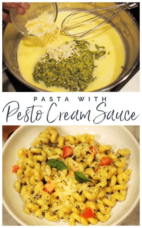 Pasta Recipes With Pesto Sauce, Pesto Cream Sauce, Pasta With Pesto Cream Sauce, How To Make Creamy Pesto Sauce, Pesto Cream Sauce Pasta, Creamy Pesto Pasta Sauce, Cavatappi Pasta Recipes, Creamy Pesto Pasta With Chicken, Enchilada Pasta