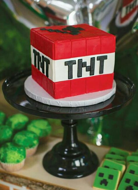 TNT Cake... Minecraft Cake Cupcakes, Pastel Minecraft, Cake Minecraft, Tnt Minecraft, Bomb Cake, Minecraft Birthday Cake, Easy Minecraft Cake, 7th Birthday Cakes, Minecraft Birthday Party