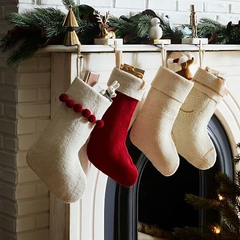 Christmas Decorations | West Elm Christmas Stocking Photography, Christmas Stockings On Mantle, Fireplace Stockings Christmas, Fur Stockings Christmas, Classic Stockings Christmas, Family Christmas Stocking, Felt Stockings Christmas Diy, Homemade Stockings Christmas, Quilted Stockings Christmas