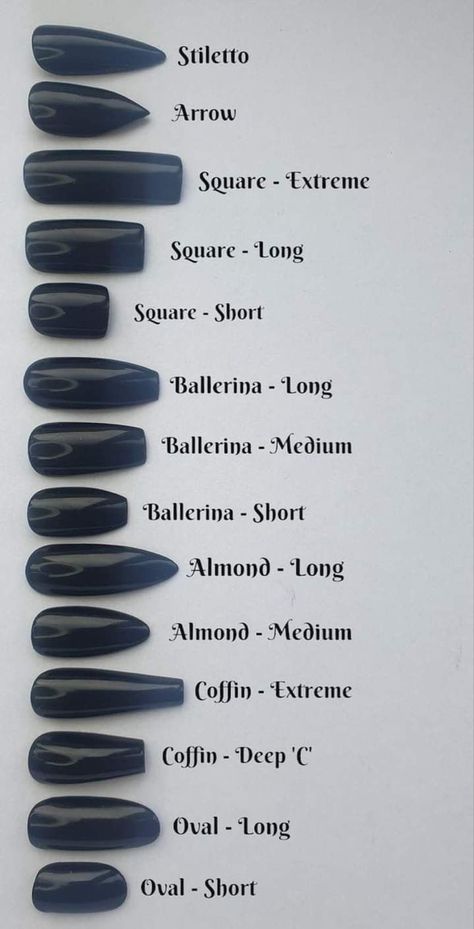 Black Nail, Nail Shape Chart, Types Of Nails Shapes, Prom Nail, Acrylic Nail Shapes, Latest Nail Trends, Short Acrylic, Nail Forms, Nagel Inspo