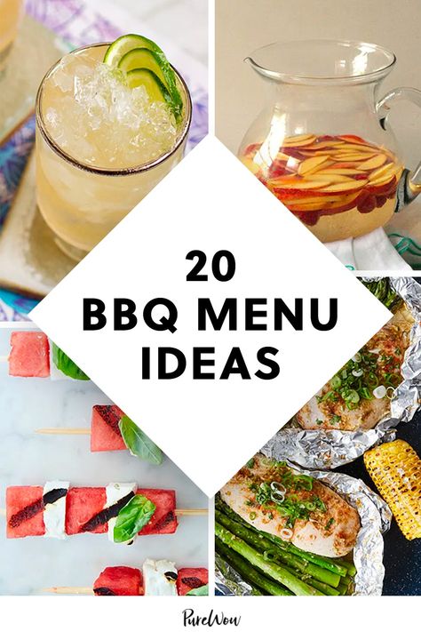 These 20 BBQ menu ideas are about to get all up in your grill. Get inspiration for everything from cocktail hour to dessert.  #BBQ #recipes #ribs Bbq Menu Ideas Parties, Bbq Menu Ideas, Bbq Party Menu, Pork Menu, Summer Bbq Menu, Bbq Dinner Party, Grilling Food, Bbq Party Food, Bbq Night