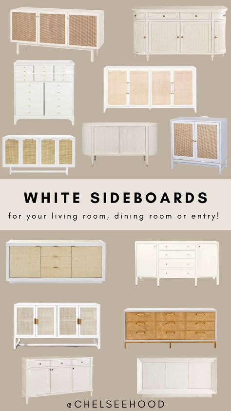 21 White Sideboard Tables You Will Love! - Modern Coastal Sideboard, White Sideboard Styling, White Sideboard Decor, White Sideboard Living Room, Side Board Decor Ideas, Sideboards Living Room Inspiration, Dining Room Sideboard Styling, Side Board Decor, Preppy Living Room