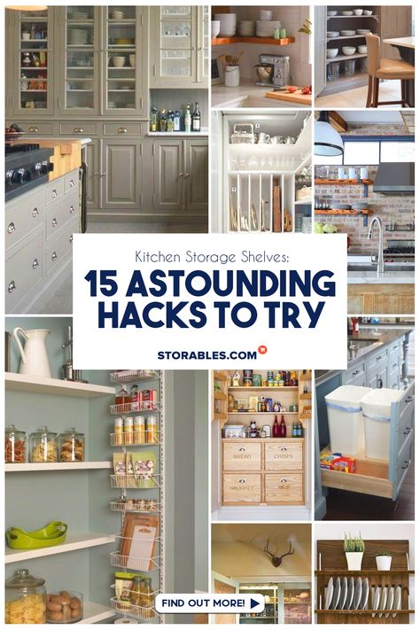 100% effective and fuss-free ideas to organize your kitchen storage shelves! Effortlessly maximize space and save time for what truly matters. #kitchenstorageshelves #storageshelves #kitchenshelf #storage #shelf #shelves #kitchen #kitchenideas #storables #guide #ultimateguide #completeguide #storagesolution #storagehacks #spacesaver Kitchen Electronics Storage Shelves, Top Shelf Storage Ideas, Under Shelf Storage Ideas, Shallow Kitchen Storage, Organize Kitchen Shelves, Open Kitchen Shelves Food Storage, Expandable Storage Shelves, Shelf Spacing Guide, Kitchen Shelf Organization