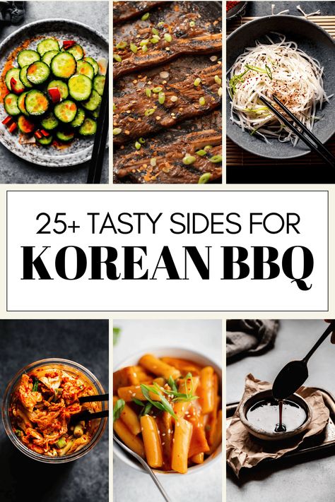 In this round-up of 25+ side dishes for Korean BBQ I've selected a variety of traditional and innovative side dishes that perfectly balance the bold, smoky flavors of Korean BBQ. From tangy kimchi and pickled radishes and irresistible sauces to crispy scallion pancakes and crunchy daikon salad, discover delicious pairings that will take your Korean BBQ meal to the next level! Korean Bbq Chicken Sides, Korean Side Salad, Side Dishes For Korean Short Ribs, Korean Bbq Recipes Side Dishes, Korean Bbq Sides Dishes, Korean Mushroom Side Dish, Sides For Korean Bbq, Korean Bbq At Home Sides, Kbbq Korean Sides