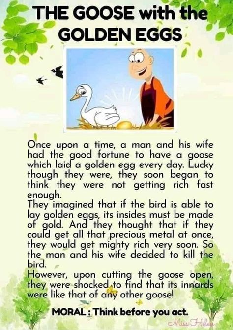 The goose with the golde eggs. Moral short stories for learning English. Moral: Think before you eat Small Story With Moral, Moral Short Stories, Teacher Fun Files, English Conversation For Kids, Small Stories For Kids, Good Moral Stories, English Poems For Kids, English Story Books, Stories With Moral Lessons