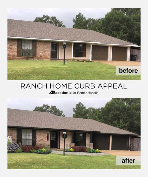 Update your ranch home curb appeal without a major renovation or even paint using these easy curb appeal improvement ideas in this virtual home makeover. Ranch Style Homes Curb Appeal, Front Yard Landscape Ranch Style Home, Ranch Style Homes Landscaping, Landscaping Ideas For Ranch Style Homes, Landscape Ideas For Front Of House Ranch, 1970s Ranch House Exterior Remodel, Landscaping A Ranch Style Home, Landscape Ideas Ranch Style Home, Landscape Ideas For Ranch Style House