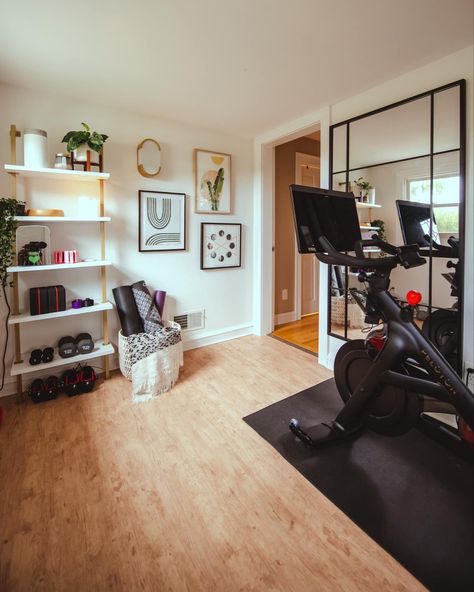 Yoga Room At Home Small Spaces, Home Gym Lounge Room, Home Office And Peloton Room, Small Bedroom Home Gym, Gym Nook Small Spaces, Gym Living Room Combo, Peloton In Office Ideas, Basement Office And Gym, Office And Peloton Room Combo