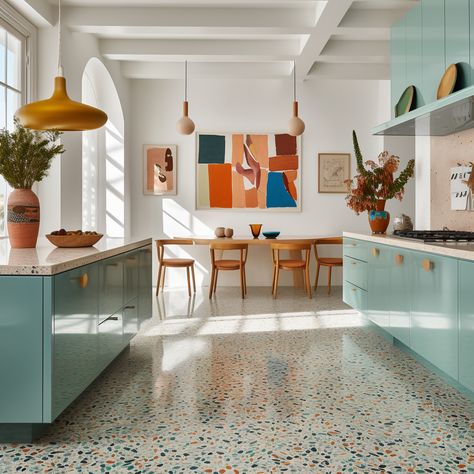 Interior designers say this dated tile trend is making a reappearance in 2024 – is terrazzo back on trend again? Link in bio >>> #designinspo #interiordesigntrends #homedesigns #designerhome #beautifulhomes #designtips #designlove #miamiinteriors #interior_delux #interiordesigntrendsmaterials #interiordesigntrendspotter House Interior 2024 Trends, Kitchen With Terrazzo Floors, Terrazo Flooring Kitchen, Danish Modern Interior Design, Terrazzo Tiles Kitchen, Terrazo Kitchen Flooring, Terazzo Kitchen Floors, Tile Trends 2024, Terazzo Floor Interior