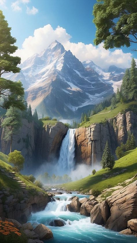 Fengshui Painting, Wallpapers Waterfall, Wallpaper Waterfall, Waterfall Pictures, Waterfall Paintings, Landscape Painting Tutorial, Waterfall Landscape, Trees Landscape, Water Fall