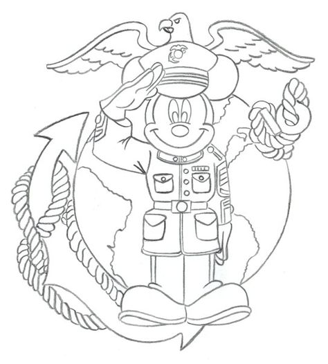 By Artist Don Shane, works at Disney's Hollywood Studios.  Walt Disney World. Mickey Mouse as United States Marine Corps.  1 of 2 Usmc Drawings, Military Diy, Usmc Birthday, Birthday Coloring Page, Future Marine, Aviation Party, Mickey Mouse Doll, Painted Frog, Usmc Love