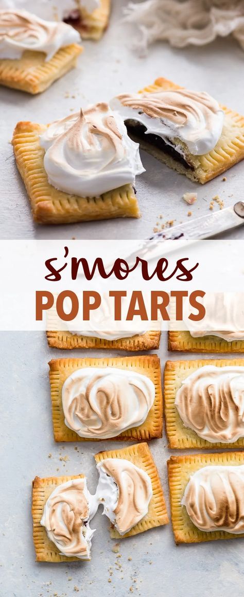 S’mores Pop Tarts (Gluten Free) - How to take the humble pop tart to new heights: make s’mores pop tarts by stuffing them with chocolate and smothering them with marshmallow meringue frosting. Now doesn’t that sound heavenly? Pop tart recipe. S’mores dessert recipe. Marshmallow desserts. Swiss meringue. Gluten free dessert recipes. Easy dessert ideas. Gluten free pie crust. Gluten free pie dough. #poptarts #smores #chocolate #marshmallows #meringue #glutenfree #dessert #recipes Gluten Free Holiday Baking, Gluten Free Pop Tarts, Smores Dessert Recipes, Marshmallow Meringue, Poptart Recipe, Smores Dessert, Meringue Frosting, Diy Easy Recipes, Fruit Dessert Recipes