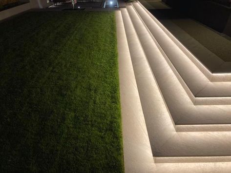 Italian porcelain with LED strip lights Entrance Stairs Outdoor Modern, Patio Step Lighting, Led Strip Stairs, Patio Stair Lighting, Steps With Led Lights, Exterior Stair Lighting, Outdoor Strip Lighting Ideas, Outdoor Strip Lighting, Outdoor Steps Lighting